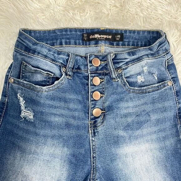 Dollhouse Long Distressed Denim Shorts Size 5 / 6 Juniors Jean Blue Button Fly - Picture 2 of 7